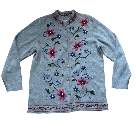 Norm Thompson Sweaters - Vintage Norm Thompson Embroidered Cardigan Womens Size Large Floral Gray Buttons